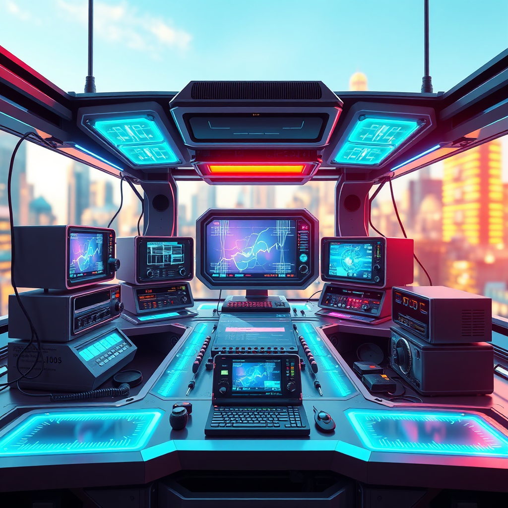 A stylized, futuristic rendering of a ham radio station with advanced technology and modular design. The station is sleek and modern, with holographic displays and wireless connections. The background is a blurred view of a futuristic cityscape. The lighting should be bright and dynamic, creating a sense of innovation and possibility. Use a wide-angle lens to capture the expansive view of the futuristic radio station. The color palette should be vibrant and futuristic, with blues, purples, and silvers dominating. Style reference: Science fiction concept art.