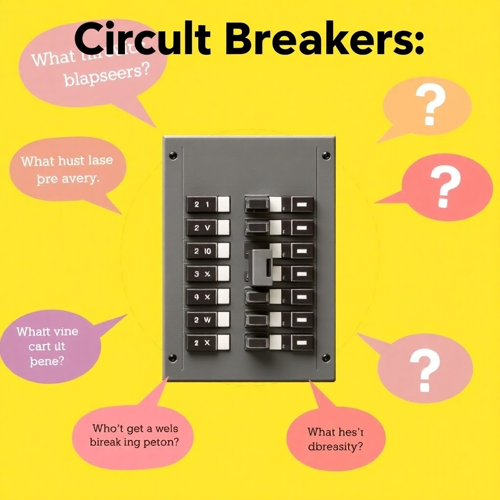 A stylized image featuring speech bubbles containing questions about circuit breakers, surrounding a central image of a circuit breaker panel. The color palette should be bright and inviting. Style: Clean and informative.