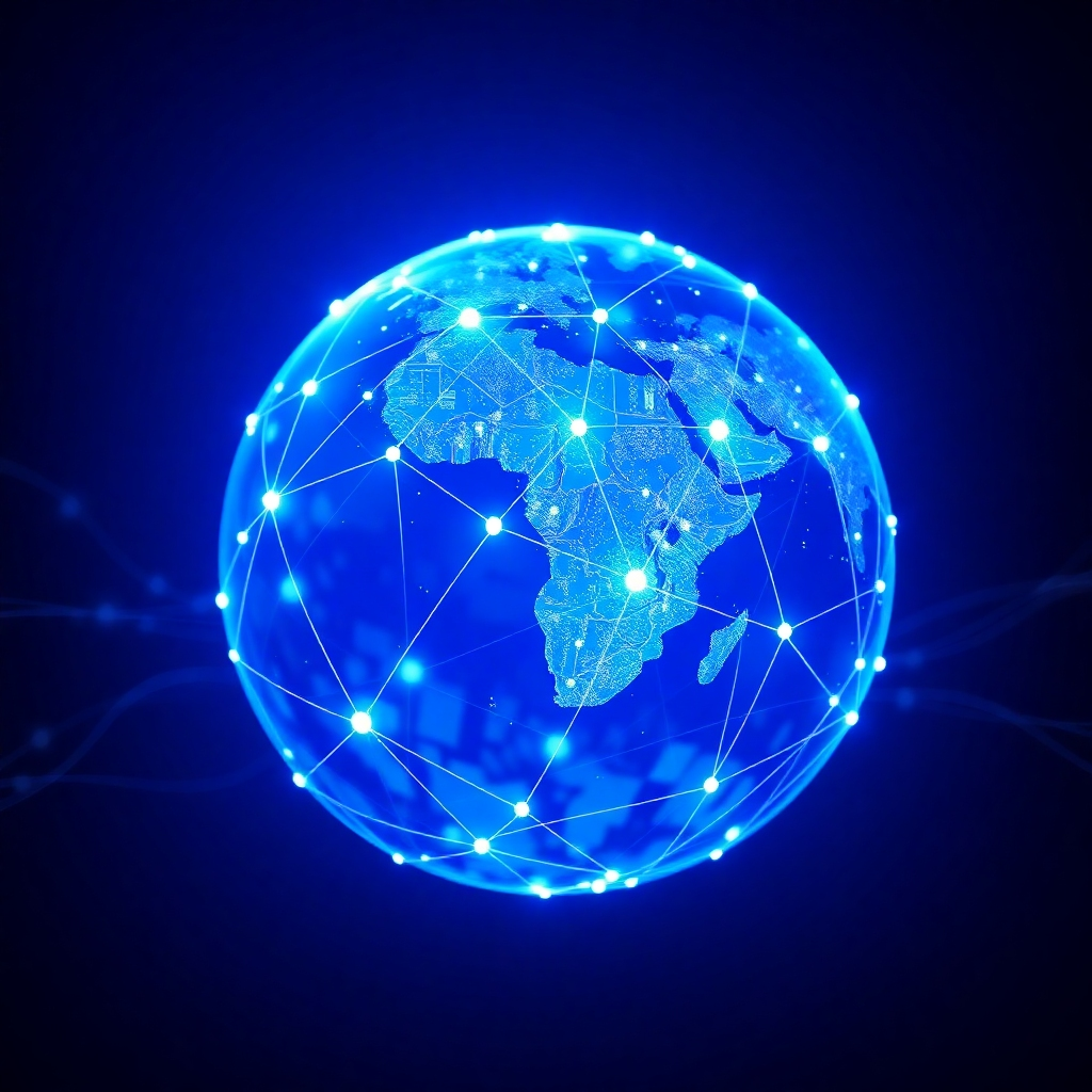A stylized image of a digital globe with interconnected nodes representing electrical grids and data networks. The globe is illuminated with a soft, blue light, symbolizing continuous connectivity. The background features a starry sky, emphasizing the 24/7 availability of the website. The composition emphasizes the global reach of online services. The color palette is dominated by blues and purples, representing trust and innovation. The camera angle is slightly low, emphasizing the grandeur and scale of the digital world. Textures should be smooth and polished, showcasing the seamless integration of technology. Style references include futuristic visualizations with a focus on connectivity and accessibility. High quality, 4K resolution.