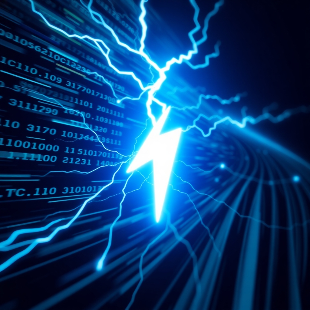 A stylized image of a lightning bolt speeding through a data stream. The lightning bolt represents the speed and efficiency of a well-optimized website. The data stream is composed of binary code and electrical circuits, symbolizing the digital nature of the internet. The background is dark and futuristic, emphasizing the technological advancements behind website optimization. The lighting is bright and dynamic, highlighting the energy and momentum of the lightning bolt. The color palette is dominated by blues and greens, representing speed and efficiency. The camera angle is low, emphasizing the power and speed of the lightning bolt. Textures should be smooth and polished, showcasing the technological sophistication of the image. Style references include futuristic visualizations with a focus on speed and efficiency. 4K resolution, high quality.