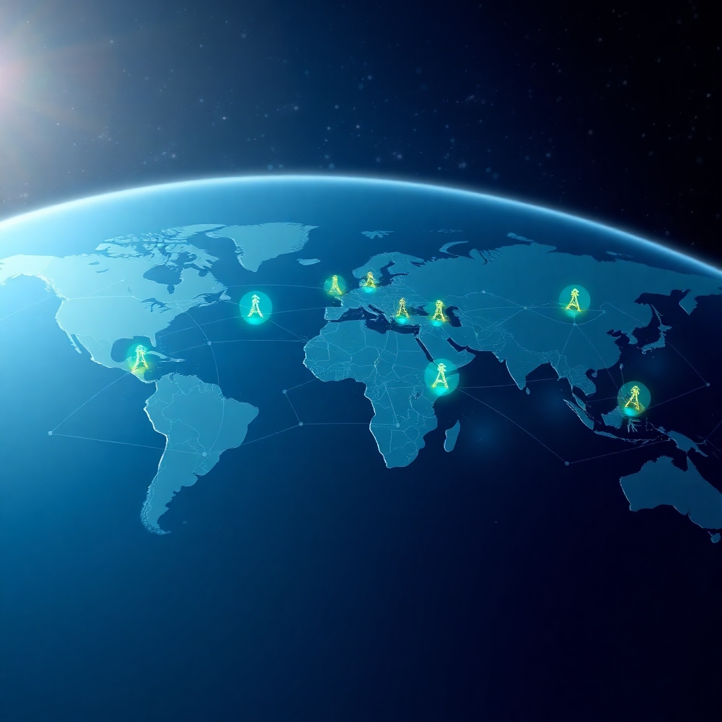 A stylized image of a map highlighting several cities connected by electrical grids and data networks. The map represents the expanded reach of BEC Electric LLC through its online presence. The electrical grids and data networks symbolize the interconnectedness of the digital world. The background features a starry sky, emphasizing the vastness of the potential audience. The lighting is soft and inviting, highlighting the opportunities for growth. The color palette is dominated by blues and greens, representing trust and reliability. The camera angle is elevated, providing a comprehensive view of the map and the interconnected cities. Textures should be smooth and polished, showcasing the technological sophistication of the image. Style references include cartography with a focus on connectivity and expansion. 4K resolution, high quality.