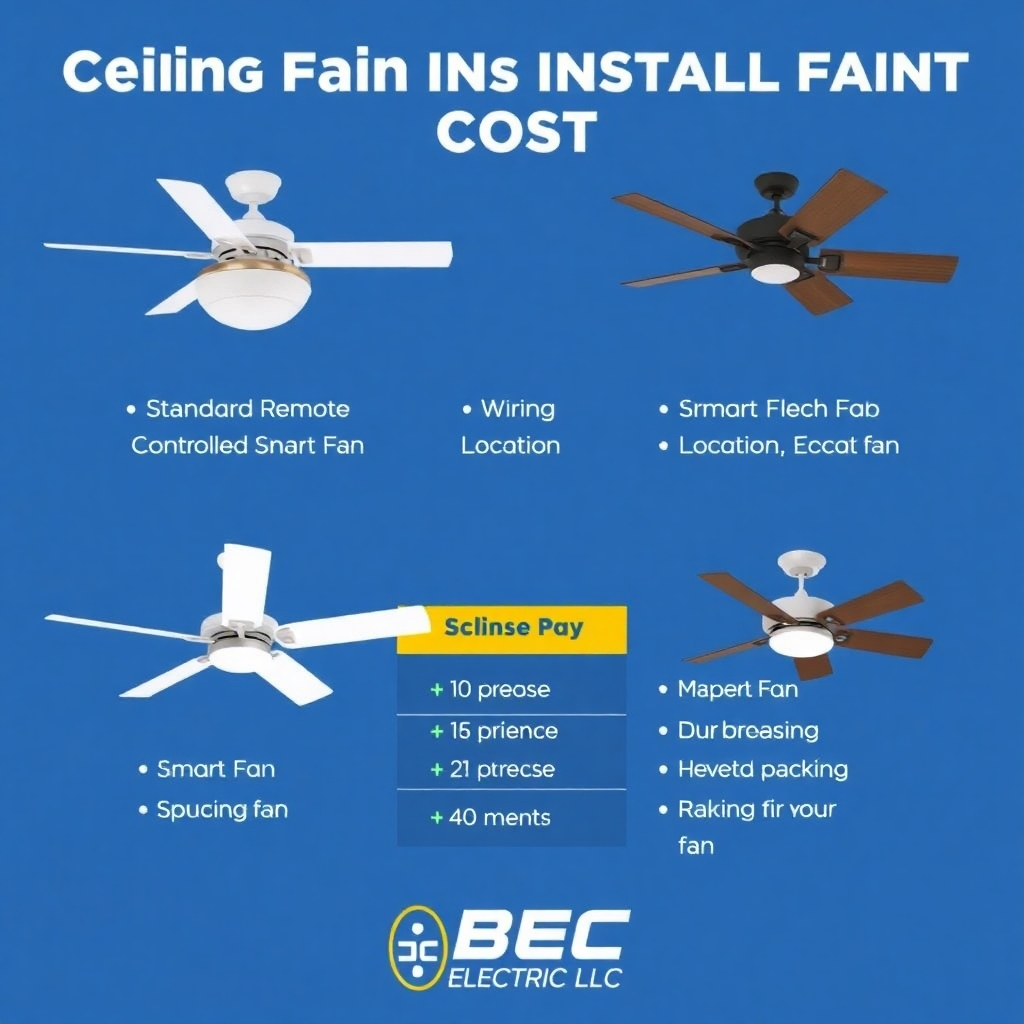 A stylized infographic comparing different ceiling fan installation costs. The infographic includes visuals of different types of fans (e.g., standard, remote-controlled, smart fan) and lists the factors that affect the price (e.g., wiring, ceiling height, location). The color palette is clean and modern, with a focus on blues and greens. The infographic is easy to read and understand, with clear headings and concise descriptions. This image represents BEC Electric LLC's commitment to transparent pricing and customer education.