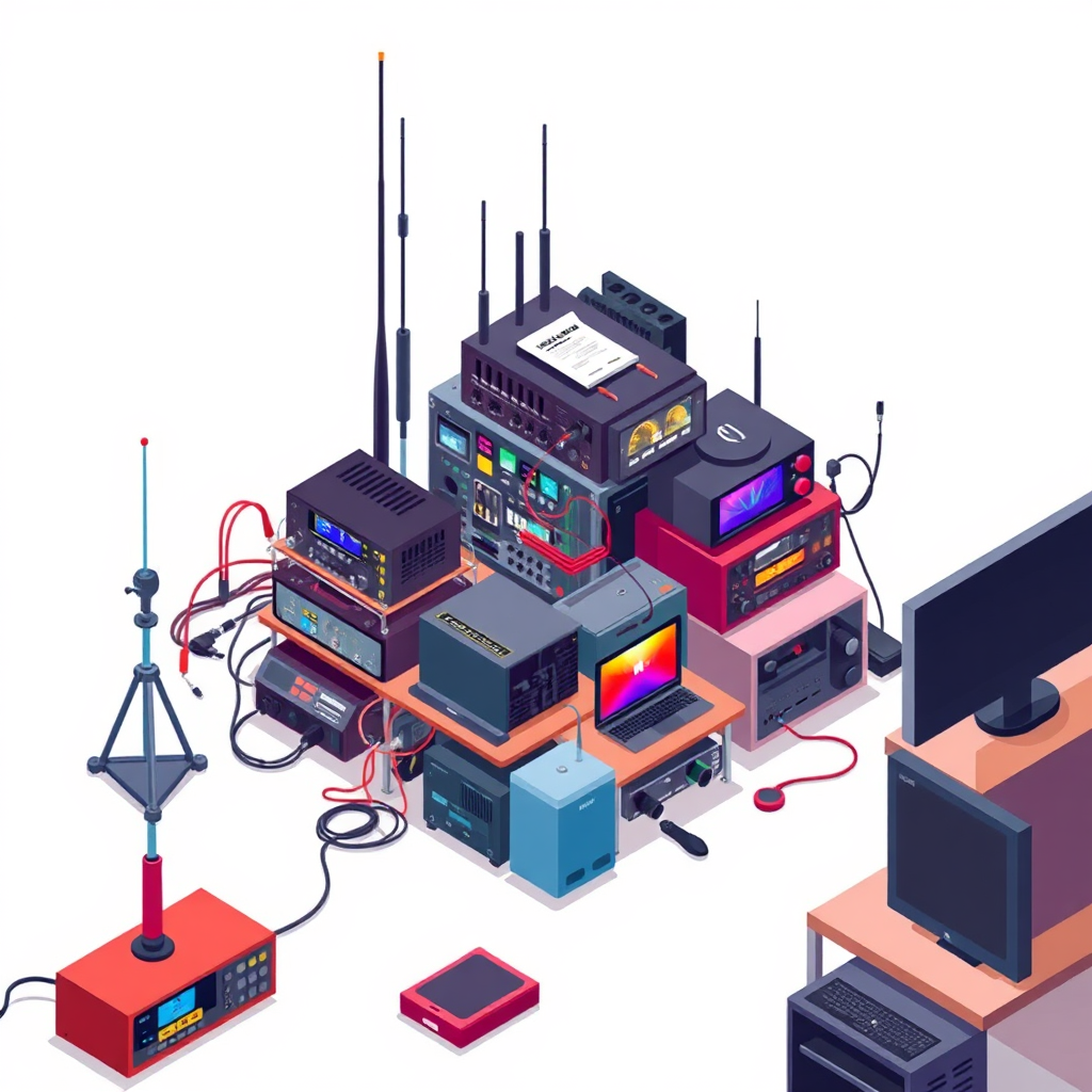 A stylized, isometric illustration of a complex ham radio setup, showcasing various components such as transceivers, amplifiers, antennas, and computers. The illustration should be colorful and detailed, highlighting the different connections and functionalities of each component. The background should be a clean white space. Lighting should be even and diffused, creating a sense of clarity and precision. Use a digital illustration style with clean lines and bold colors. The color palette should be vibrant and eye-catching, with a mix of primary and secondary colors. Style reference: Modern infographic design.