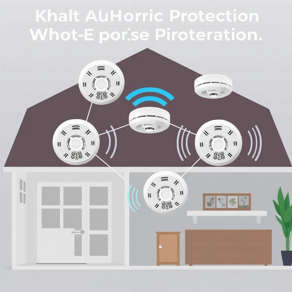 A stylized representation of interconnected smoke detectors in a house. Use visual cues (e.g., connecting lines, radio waves) to demonstrate how the alarms communicate with each other. The image should convey the idea of comprehensive, whole-house protection.