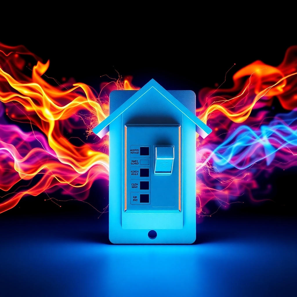 A symbolic image showcasing a circuit breaker protecting a house from an electrical surge. Use vibrant colors for the surge and a calming blue for the house. The circuit breaker should be prominently displayed. Photorealistic with a touch of artistic flair. 8k resolution.