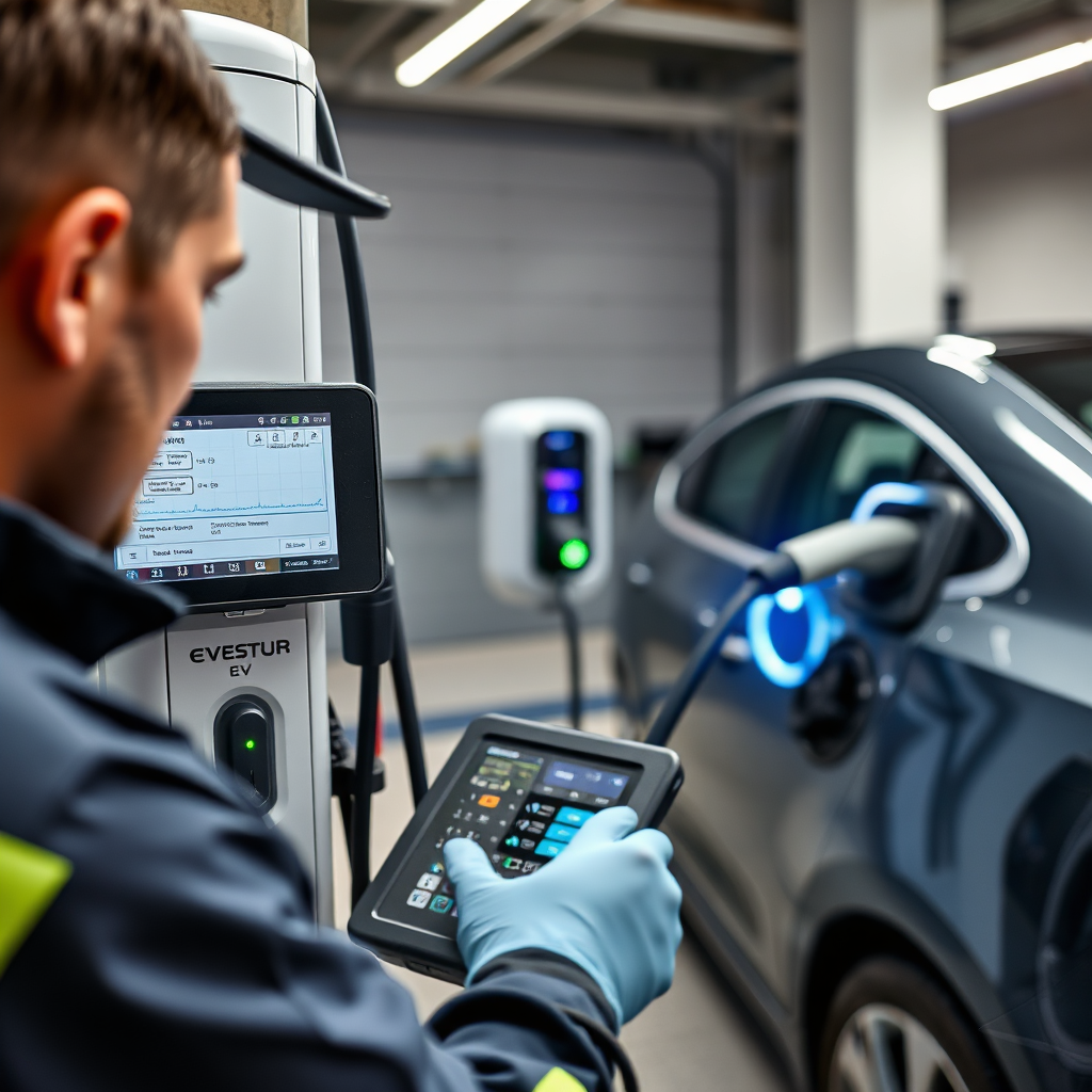A technician performing maintenance on an EV charger. The focus is on the diagnostic equipment. In the background, an electric car is plugged in and charging, showcasing the functionality of the maintenance. Technical Specs: 4K, Photorealistic.