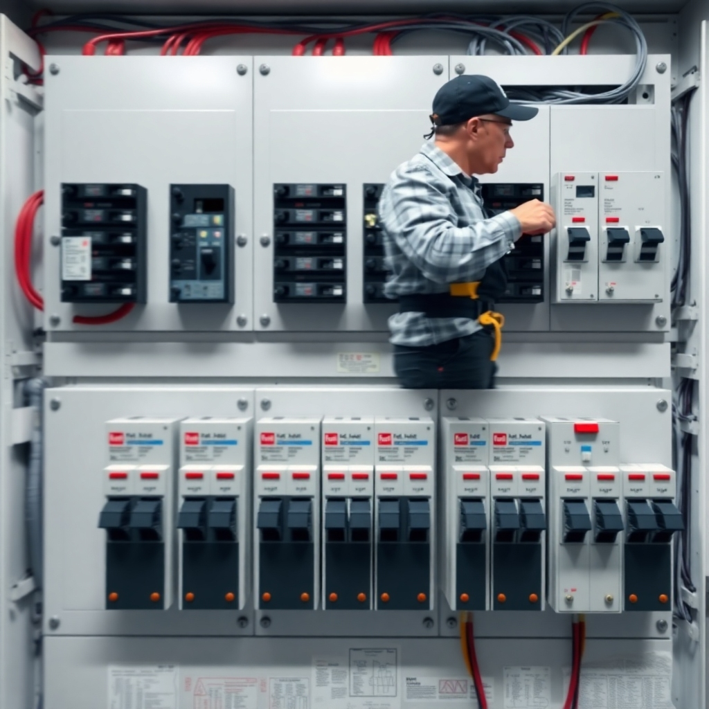 A time-lapse style image showing the different stages of circuit breaker installation in a compressed timeframe. Focus on the electrician's efficient movements and the transformation of the panel. Modern, clean aesthetic. 8k resolution.