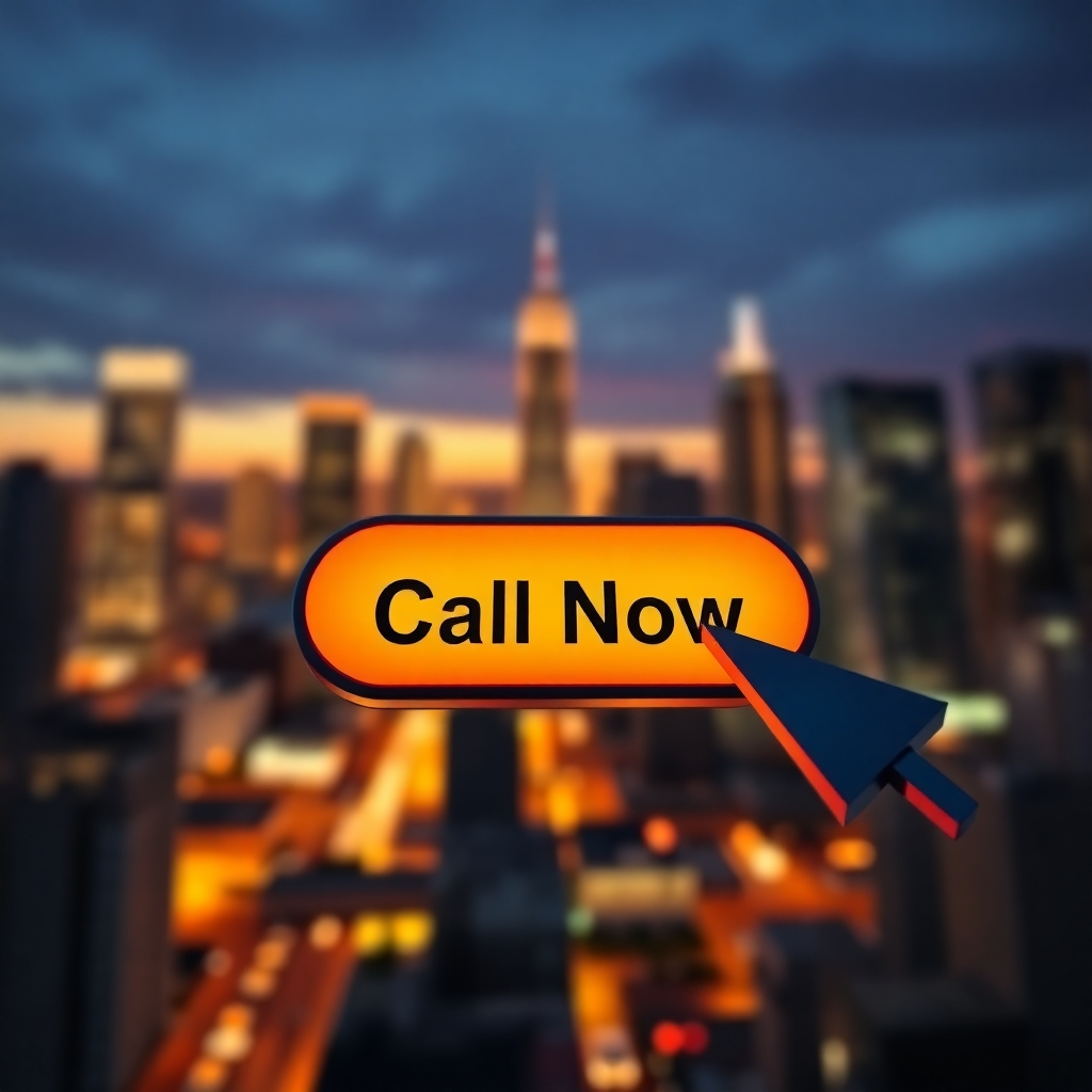 A visually striking image representing a prominent 'Call Now' button on a website. The button is large and brightly colored, drawing the user's attention. A cursor hovers over the button, ready to click. The background features a blurred image of a cityscape at dusk, representing the urgency of electrical services. The lighting is warm and inviting, highlighting the importance of immediate action. The color palette is dominated by oranges and yellows, representing energy and enthusiasm. The camera angle is close-up, emphasizing the visibility and accessibility of the call to action. Textures should be smooth and polished, showcasing the user-friendliness of the website. Style references include web design with a focus on conversion optimization. 4K resolution, high quality.
