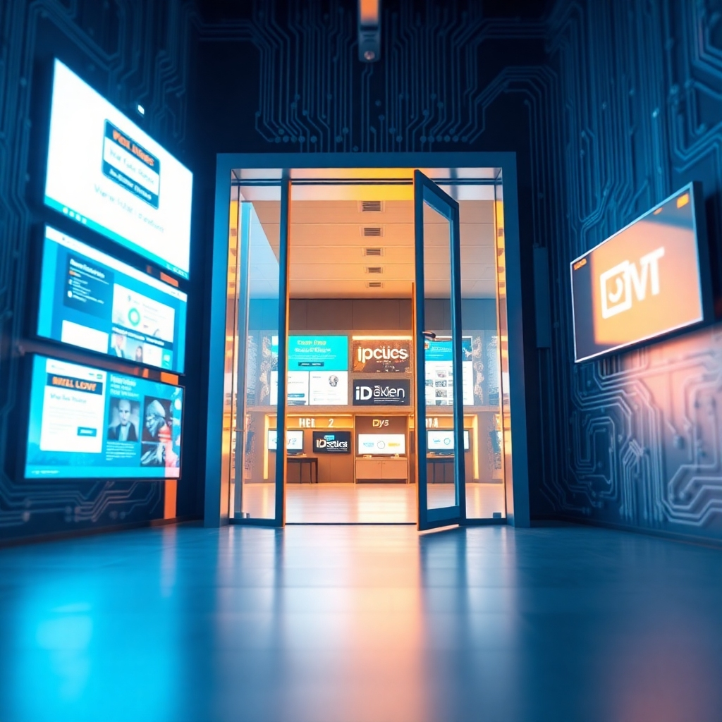 A visually striking image representing a digital doorway. The doorway is modern and sleek, leading into a brightly lit space filled with digital screens displaying various websites. The doorway itself is composed of circuits and electrical components, symbolizing the connection between electricity and the online world. The lighting is warm and inviting, highlighting the welcoming nature of a well-designed website. The color palette is dominated by blues and whites, representing trust and professionalism. The camera angle is slightly low, emphasizing the grandeur and importance of the digital front door. Textures should be highly detailed, showcasing the complexity of the electrical components. Style references include architectural visualization with a focus on modern design. Photorealistic, 4K resolution.