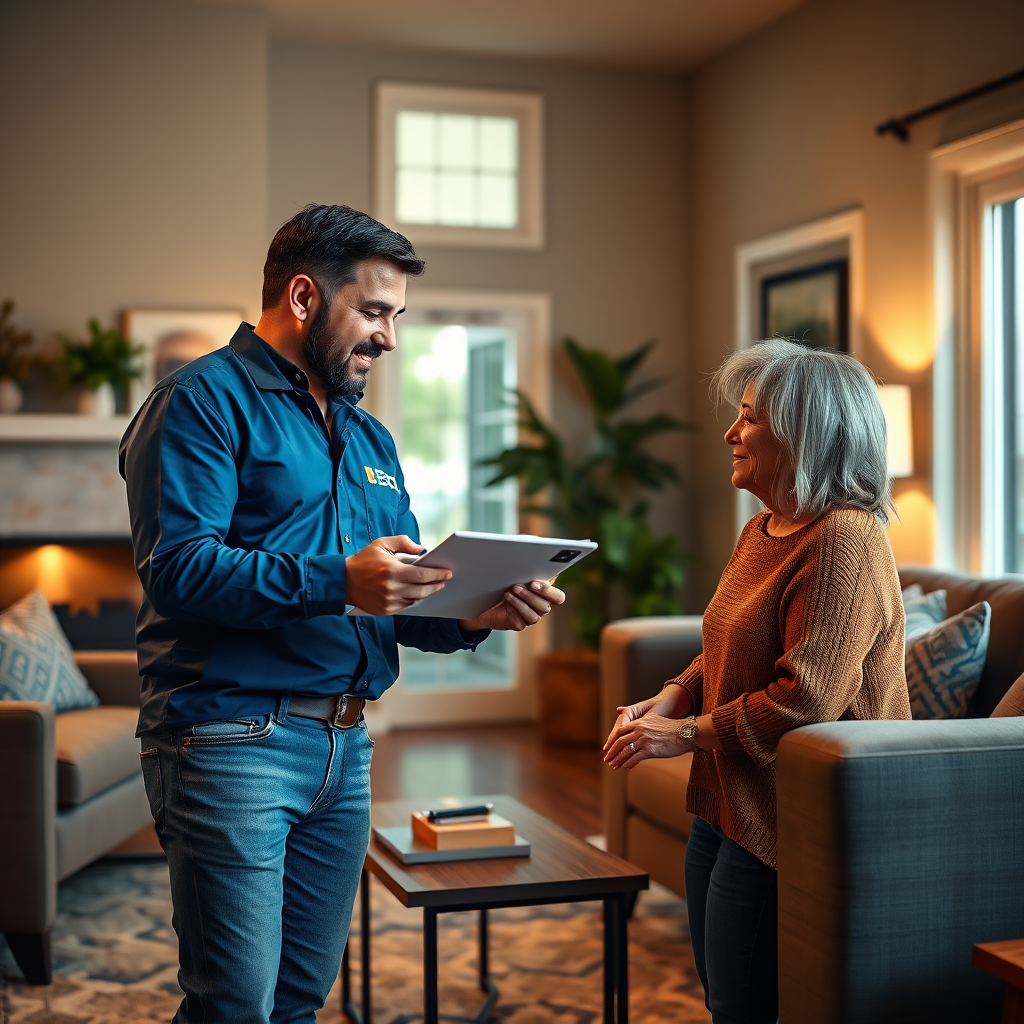 A welcoming and professional photorealistic image featuring a BEC Electric LLC consultant advising a homeowner on lighting options in their living room. The scene conveys trust, expertise, and personalized service. The lighting should be warm and inviting, highlighting the collaborative atmosphere. Aim for an 8K resolution image with hyperrealistic rendering to capture the details of the interaction and the comfort of the setting.