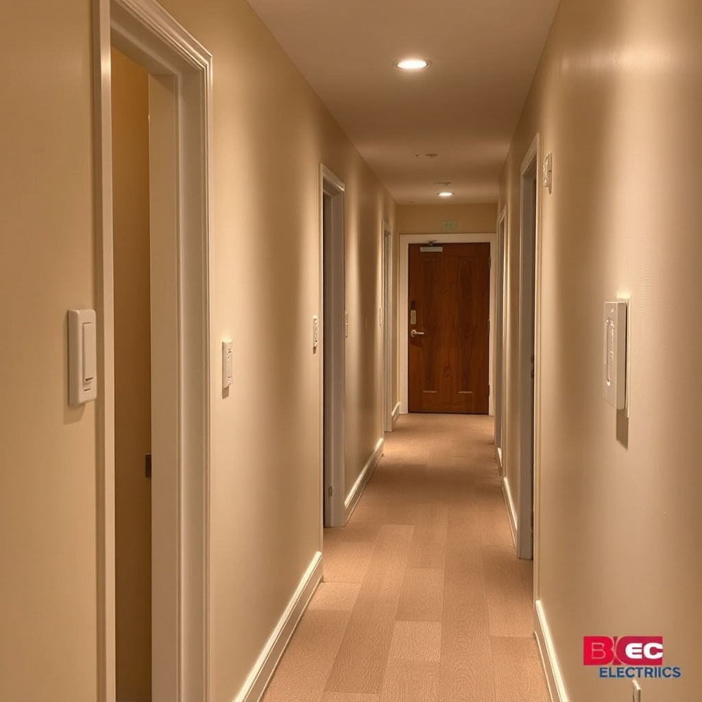 A well-designed hallway with strategically placed light switches next to doorways and at the end of the hall. The scene should emphasize the convenience and functionality of proper switch placement. The lighting should be soft and ambient. BEC Electric completed the work.