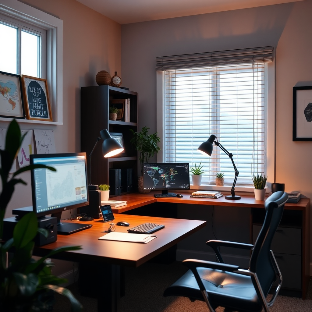 A well-lit home office with focused task lighting illuminating a desk. Highlight the ergonomic benefits of proper lighting for work.