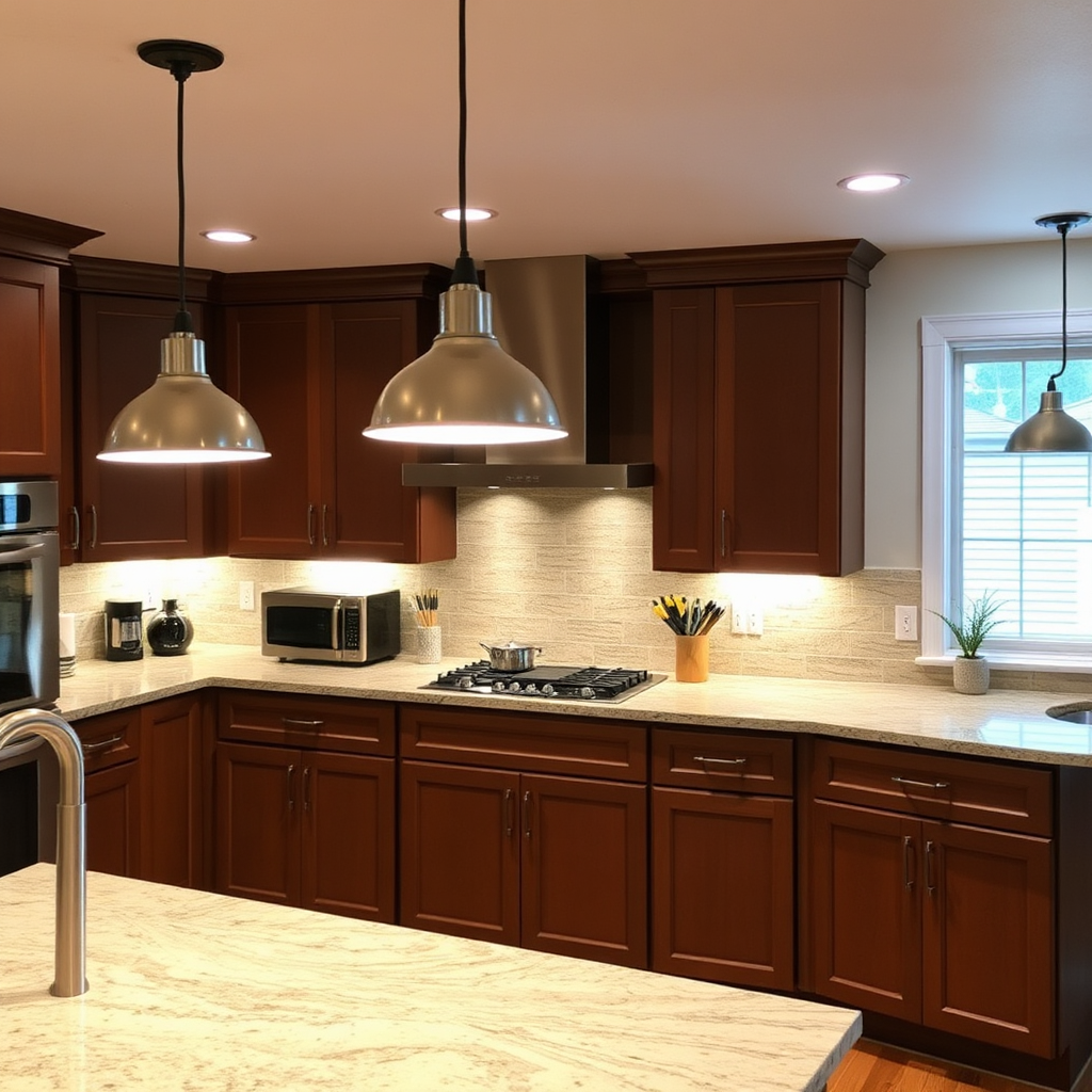 A well-lit kitchen featuring task lighting under cabinets, pendant lights over an island, and recessed lighting in the ceiling. The scene should be bright and functional, showcasing how different types of lighting can work together in a single space. The colors should be warm and inviting. BEC Electric can install them.