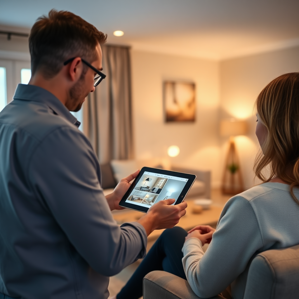 A well-lit living room with a designer showcasing different lighting options to a homeowner, using a tablet to display lighting simulations. Focus on warm, inviting light and a modern, comfortable setting. The style should be clean and professional.