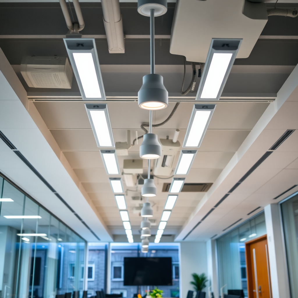 A well-lit office space with modern lighting fixtures. The scene should convey a sense of professionalism and productivity. The colors should be clean and bright.