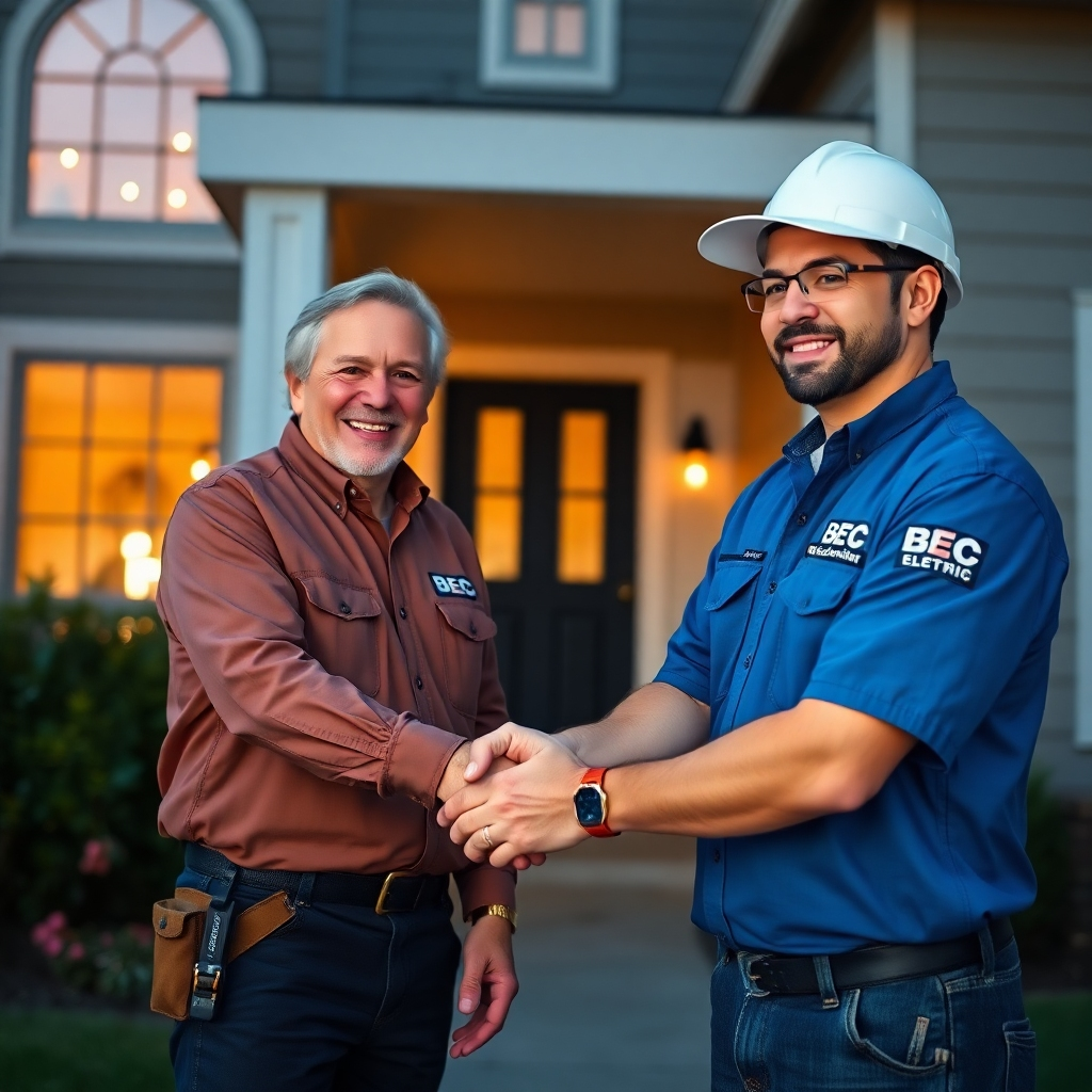 A wide shot of an electrician, in BEC Electric LLC uniform, shaking hands with a satisfied homeowner in front of their house. The house should be well-lit and welcoming. Emphasize trust and reliability. Photorealistic. 8k resolution.