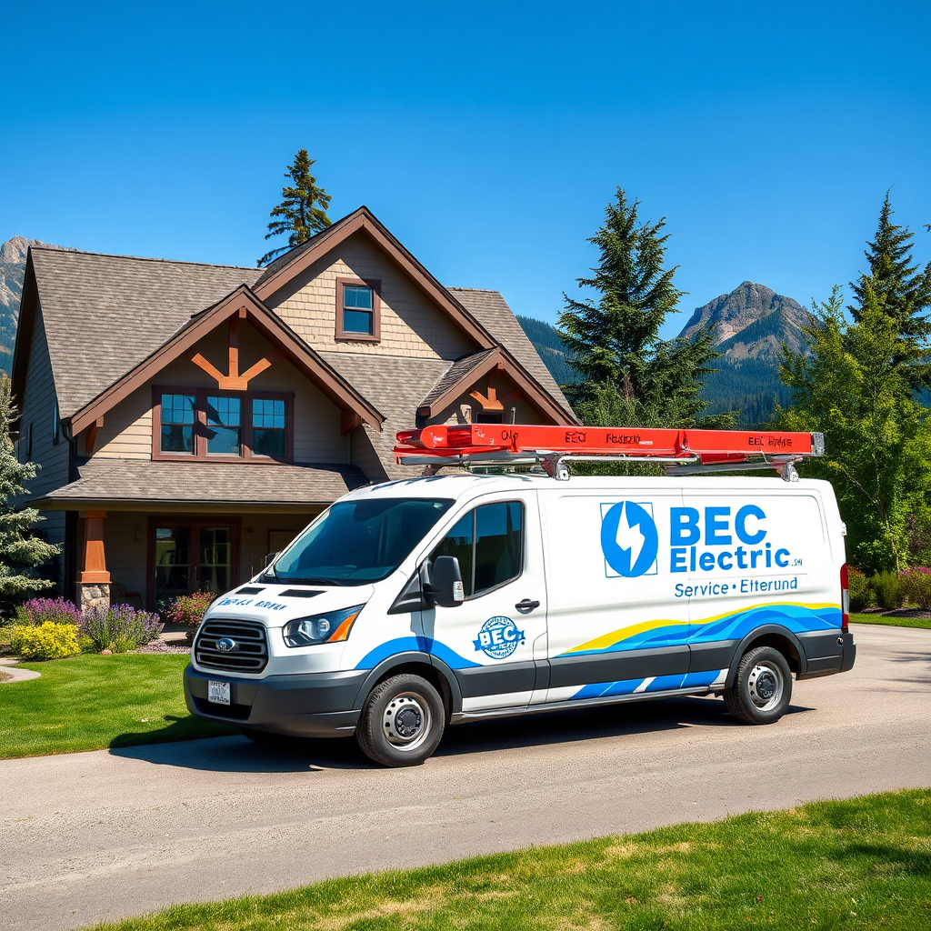 A wide shot showing a BEC Electric service van parked in front of a picturesque North Idaho home. The backdrop showcases the region's natural beauty (mountains, trees). The scene is bright and cheerful, conveying a sense of reliability and local expertise. The BEC Electric logo is prominently displayed on the van. Style: Friendly, approachable, photorealistic. Technical specs: 4K resolution.