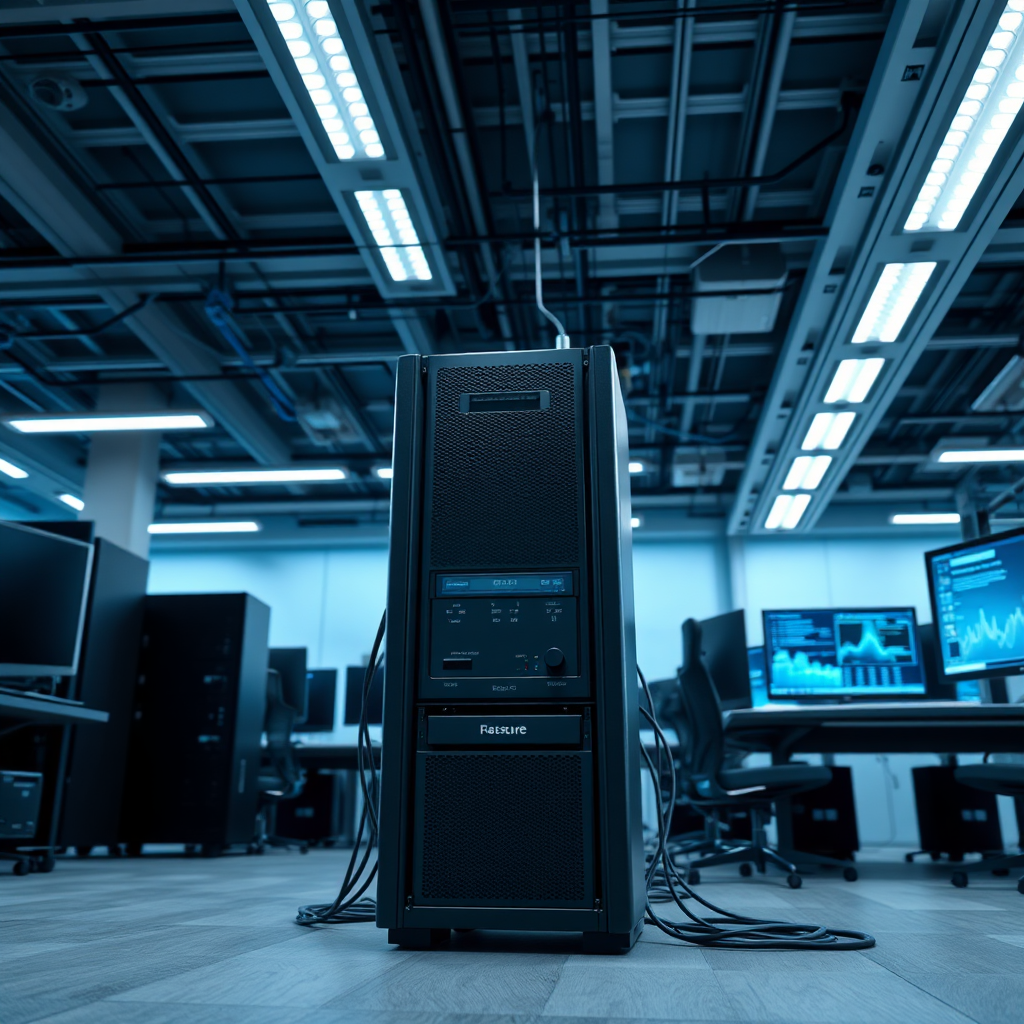 A wide, slightly low-angle shot of a modern office space, emphasizing the interconnectedness of various electronic devices (computers, servers, monitors). In the foreground, a server rack is partially visible, with a high-quality surge protector unit installed within. The lighting is professional and cool. The overall image needs to convey business continuity and IT infrastructure resilience. 8k, photorealistic rendering.