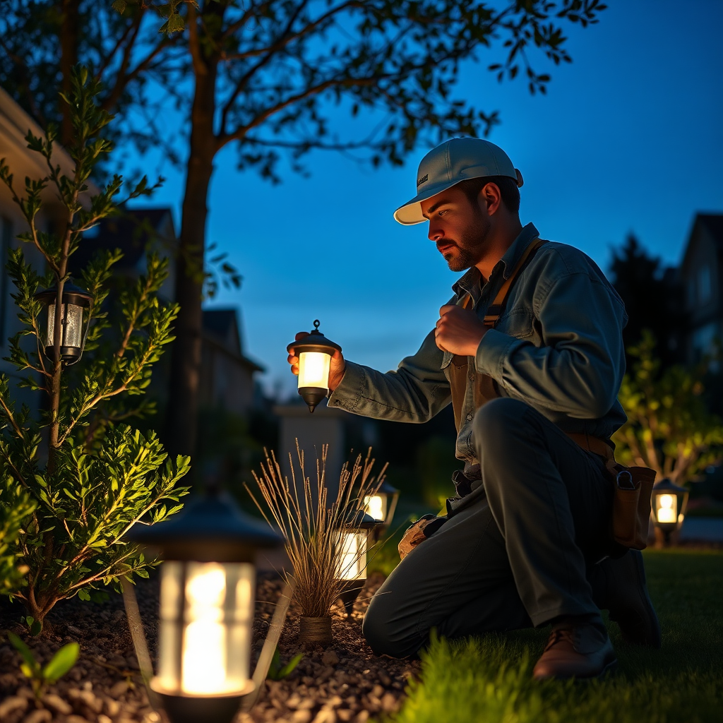 An electrician carefully installing outdoor landscape lighting at dusk. Show the electrician as professional and focused, highlighting the precision and care taken during the installation process. The lighting should be soft and ambient.