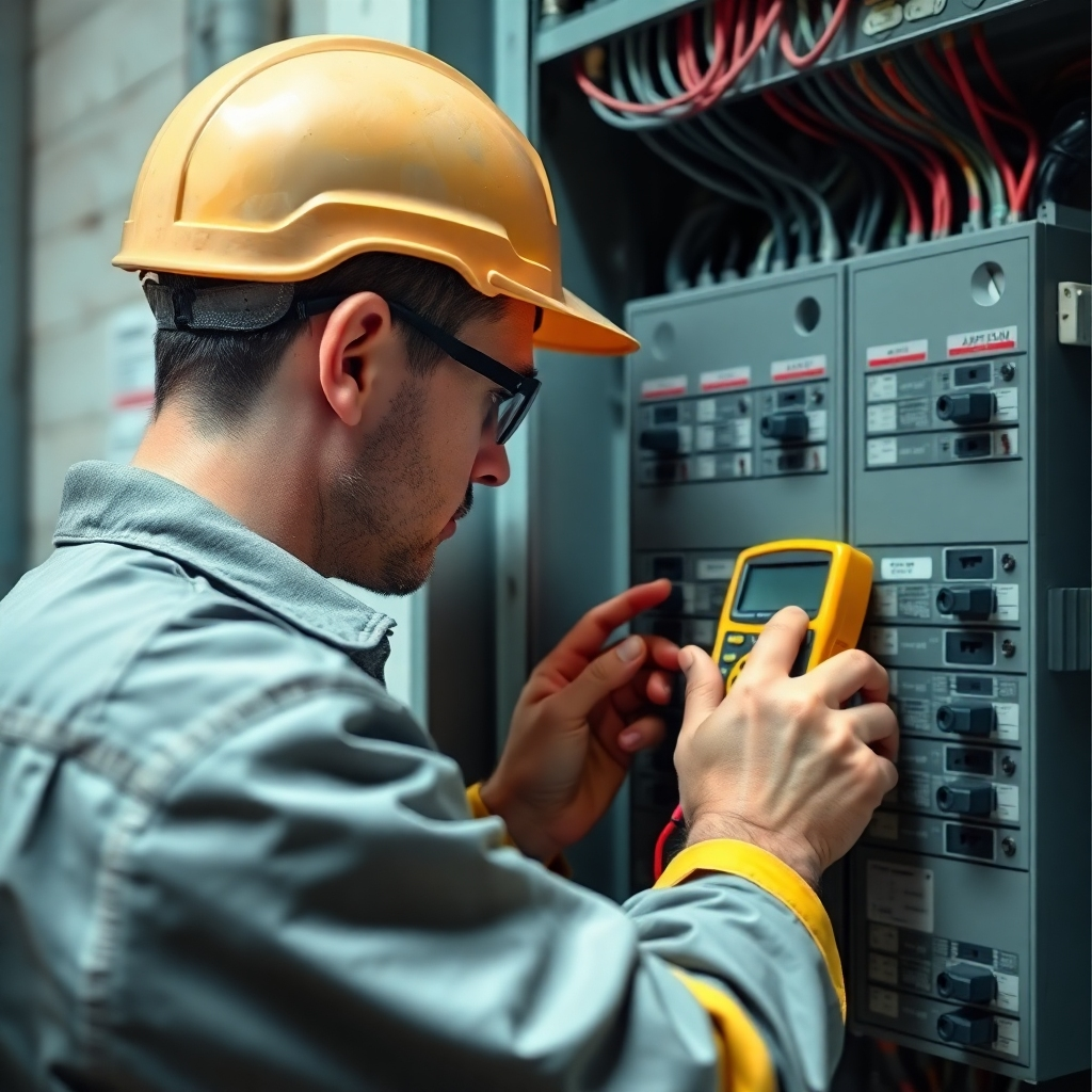 An electrician meticulously checking a circuit breaker panel with a digital multimeter, ensuring compliance with electrical codes. Focus on the attention to detail and the importance of precision. Photorealistic. 8k resolution.
