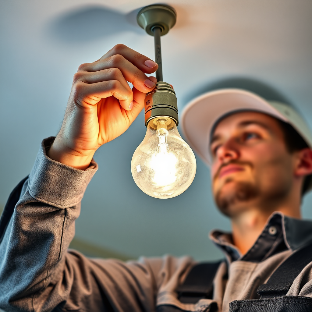 An electrician replacing an old incandescent bulb with a new LED bulb. The scene should emphasize the energy savings and environmental benefits of LED lighting.