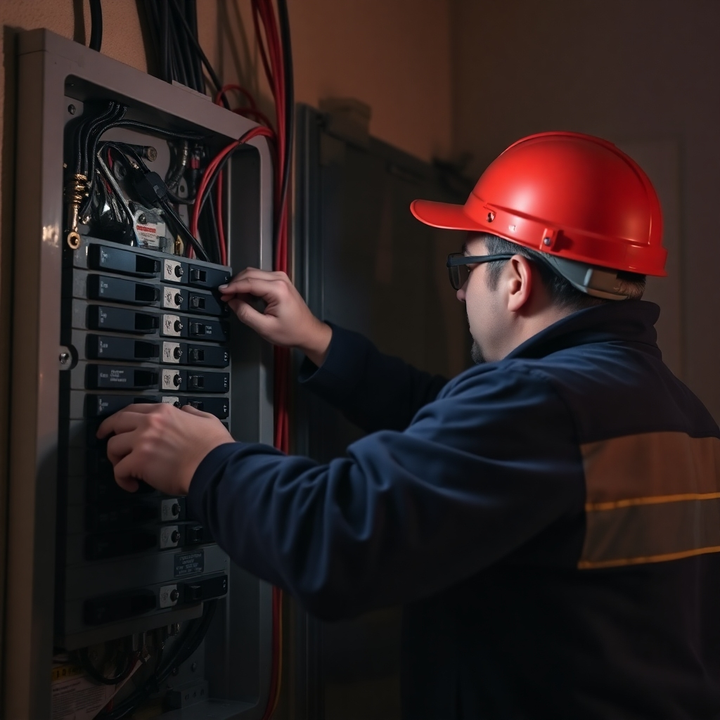 An electrician responding to an emergency call, working on a damaged circuit breaker panel in the dark. Focus on the urgency and the electrician's dedication to resolving the issue. 8k resolution.