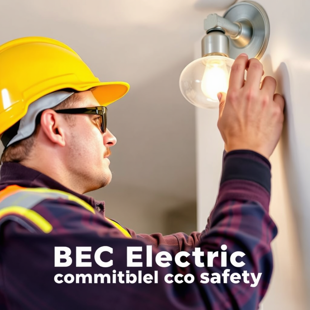 An electrician wearing safety gear and carefully installing a light fixture. The scene should convey a sense of professionalism and attention to detail. The lighting should be bright and clear. BEC Electric is committed to safety.