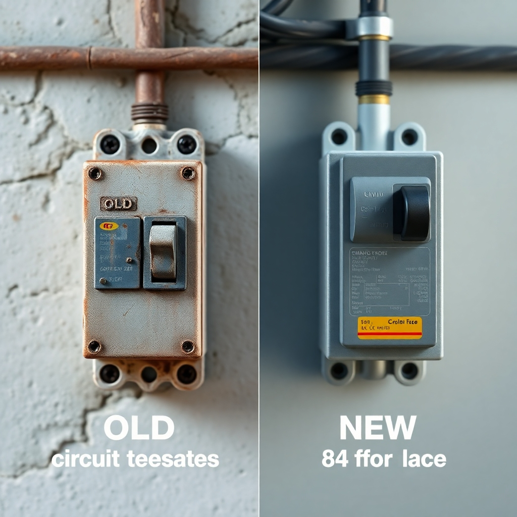 An image comparing an old, outdated circuit breaker with a new, modern one. Highlight the advancements in safety and efficiency. Use a split-screen effect. Photorealistic style. 8k resolution.