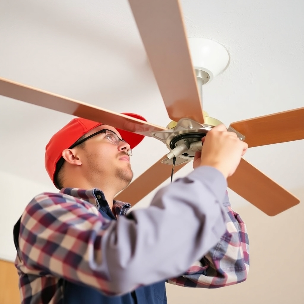 An image depicting a BEC Electric LLC electrician safely running new electrical wiring for a ceiling fan installation. The electrician is following all safety codes and using professional-grade materials. The image is well-lit and emphasizes the electrician's knowledge and skill. This image represents BEC Electric LLC's comprehensive electrical services for ceiling fan installation.