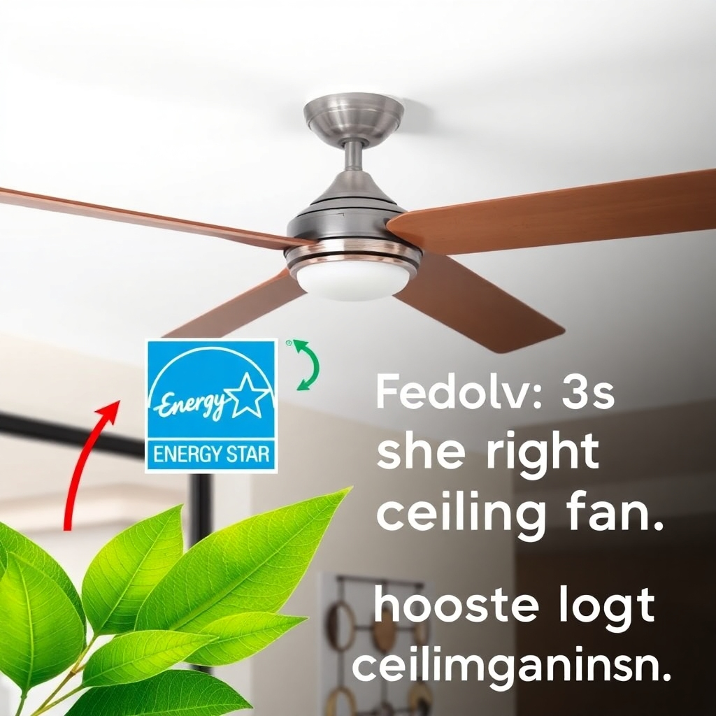 An image depicting an Energy Star certified ceiling fan with an arrow pointing to the Energy Star logo. The fan is installed in a modern home, and the image highlights the energy-saving benefits of using a ceiling fan. Green leaves are subtly incorporated to represent environmental friendliness. This image emphasizes the energy efficiency and environmental benefits of choosing the right ceiling fan.