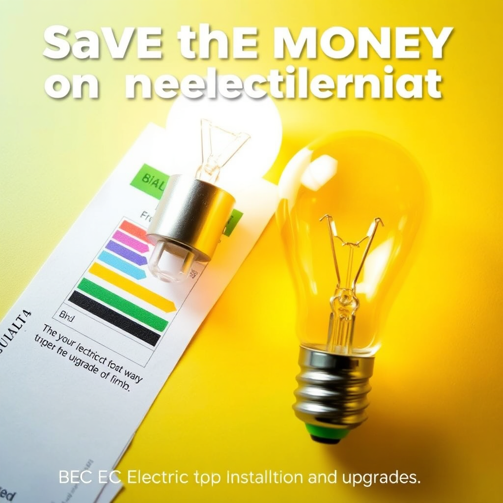 An image of an energy bill next to a modern LED light bulb. The scene should convey the idea of saving money on electricity. The colors should be bright and optimistic. The light bulb should be clearly visible and well-lit. BEC Electric provides the installation and upgrades.