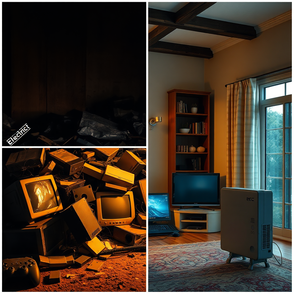 An image showing a pile of broken electronics (TV, computer, game console) with a dimly lit, melancholic atmosphere. This represents the potential damage from power surges. Juxtapose this with a brightly lit, modern home featuring intact electronics protected by a BEC Electric surge protector. 8k, photorealistic.
