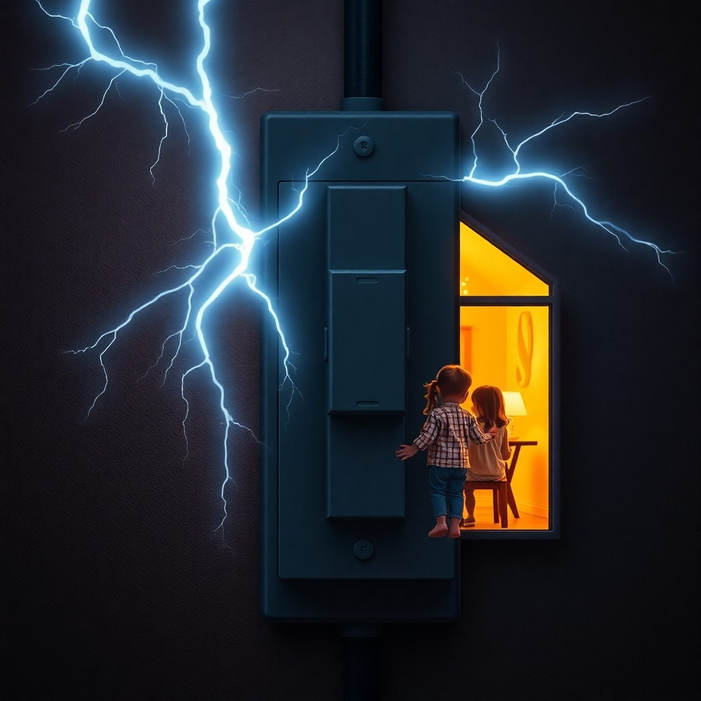 An image symbolizing long-term protection, perhaps a solid, dependable circuit breaker protecting a family inside a warmly lit home from an electrical storm outside. Photorealistic with a touch of heartwarming artistry. 8k resolution.
