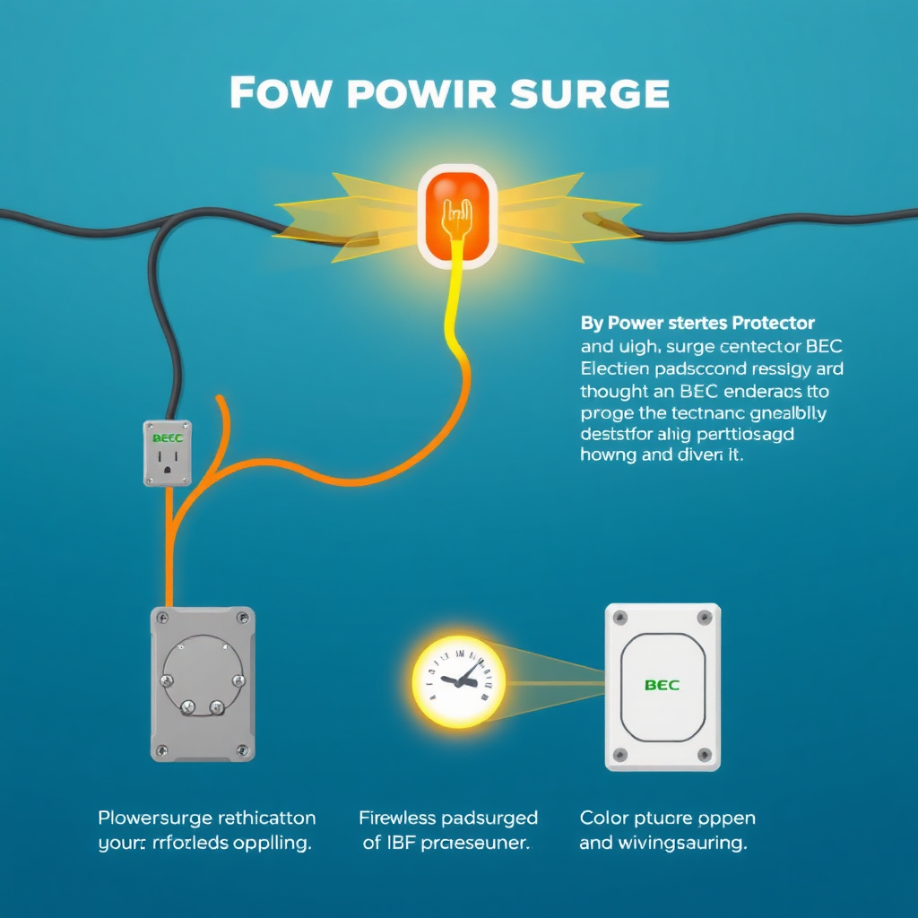 An infographic-style image illustrating the path of a power surge through old wiring and how a BEC Electric surge protector intercepts and diverts it. Use clear, visually appealing graphics and color-coding to explain the process. The overall image should be informative and reassuring. 8k resolution, stylized rendering.