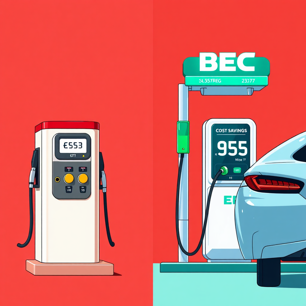 A side-by-side comparison image: On one side, a gas pump with rising prices; on the other, a BEC Electric charging station powering an EV. Use infographics to highlight the cost savings. The scene is clean and visually striking. The background is blurred to focus on the comparison. Style: Modern, informative, photorealistic with graphical elements. Technical specs: 4K resolution.