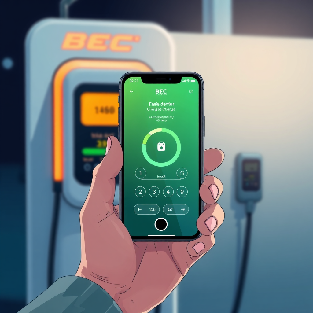 A hand holding a smartphone displaying a charging app interface, controlling a BEC Electric charging station. The EV charger is visible in the background, dimly lit. The focus is on the phone and the ease of use. The lighting should be soft and modern. Style: Tech-forward, clean, photorealistic. Technical specs: 4K resolution.