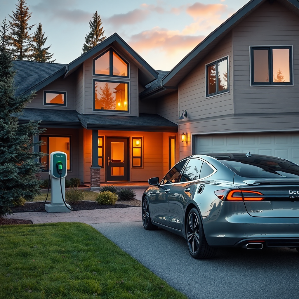 Capture a modern, upscale home in a scenic North Idaho setting (mountains in the background, evergreen trees). A sleek electric vehicle is parked in the driveway, plugged into a newly installed BEC Electric charging station. The charging station is stylish and seamlessly integrated into the home's exterior. Soft, golden hour lighting bathes the scene, highlighting the clean lines of the house, car, and charging station. The composition should convey a sense of effortless convenience, eco-friendliness, and luxury. Focus on sharp details and realistic textures of the siding, car paint, and charging unit. Camera angle: slightly low, to emphasize the home's grandeur. Style: Hyperrealistic rendering, akin to architectural photography in 'Architectural Digest'. Technical Specs: 8K resolution, hyperrealistic detail.