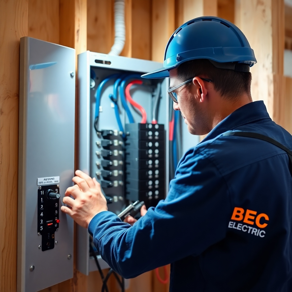 Capture a photorealistic, ultra-high quality image representing BEC Electric LLC specializing in circuit breaker installation. The subject is a modern, well-organized electrical panel inside a clean, well-lit residential home. An electrician wearing a BEC Electric LLC uniform is carefully working on the panel, using professional-grade tools. The lighting should be bright and focused on the panel, highlighting the precision and care involved in the installation process. The color palette should be clean and professional, with blues, grays, and whites dominating, accented by the warm tones of the wooden studs and drywall. The camera angle is a close-up, slightly angled to showcase the complexity of the panel and the electrician's expertise. Texture details should be hyperrealistic, capturing the fine details of the wires, breakers, and tools. The environment should evoke a sense of safety, reliability, and trust. Consider a style reminiscent of a high-end home improvement catalog. Technical specs: 8K resolution, hyperrealistic.