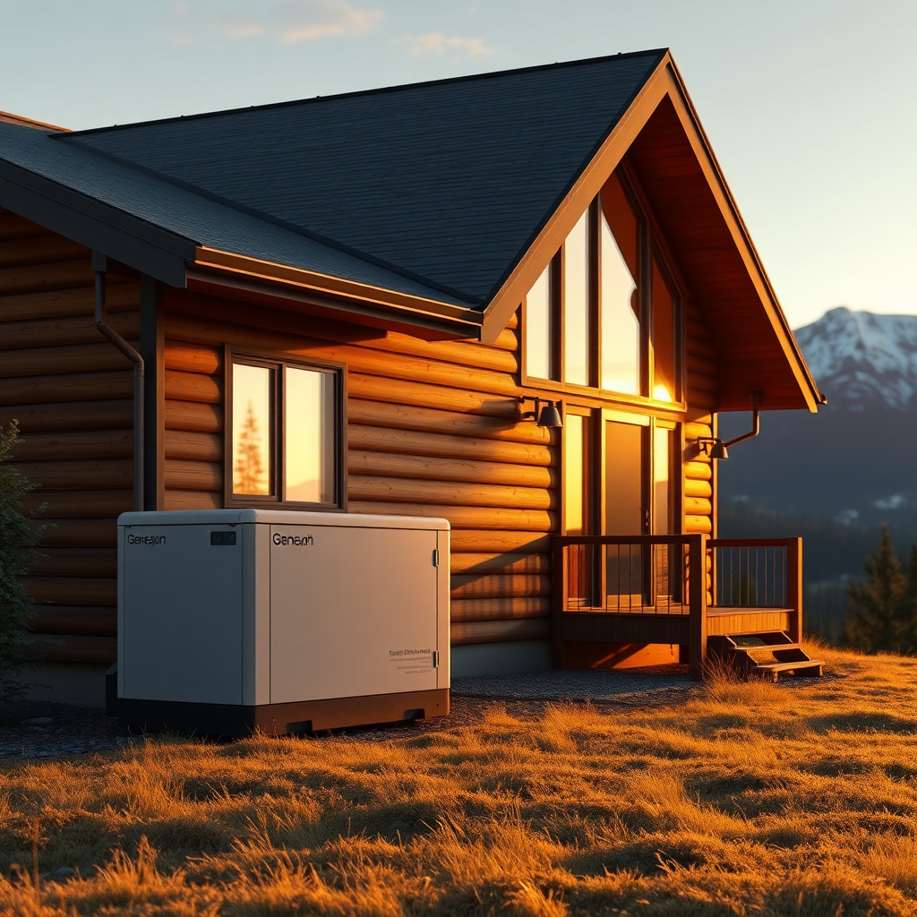 Capture a stunning, photorealistic image of a modern home nestled in the picturesque landscapes of North Idaho. The house is bathed in the warm, golden light of a late afternoon sun, creating a cozy and inviting atmosphere. In the background, a subtle snow-capped mountain range adds to the scenic beauty. A whole-house generator, sleek and modern, is discreetly placed beside the house, almost blending into the environment, yet clearly visible. The scene should evoke a sense of security and peace of mind, showcasing the seamless integration of modern technology with the natural beauty of North Idaho. Focus on hyperrealistic details – the texture of the wood siding, the gleam of the generator's metal casing, and the crispness of the mountain air. Use a wide-angle lens to capture the expansive landscape. Render the image in 8K resolution for unparalleled clarity and detail, aiming for a style reminiscent of high-end real estate photography.