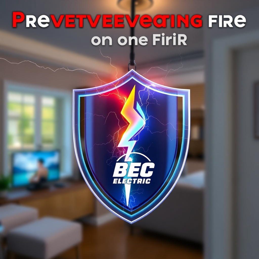 Create a dramatic, stylized image representing the prevention of an electrical fire. Imagine an electrical spark being contained within a protective shield. The shield is transparent, displaying the BEC Electric LLC logo. Use vibrant colors to represent the electrical spark and cool, calming colors for the shield. The background is a blurred image of a home interior. Style: Modern, abstract, and visually striking, conveying the concept of protection and prevention.