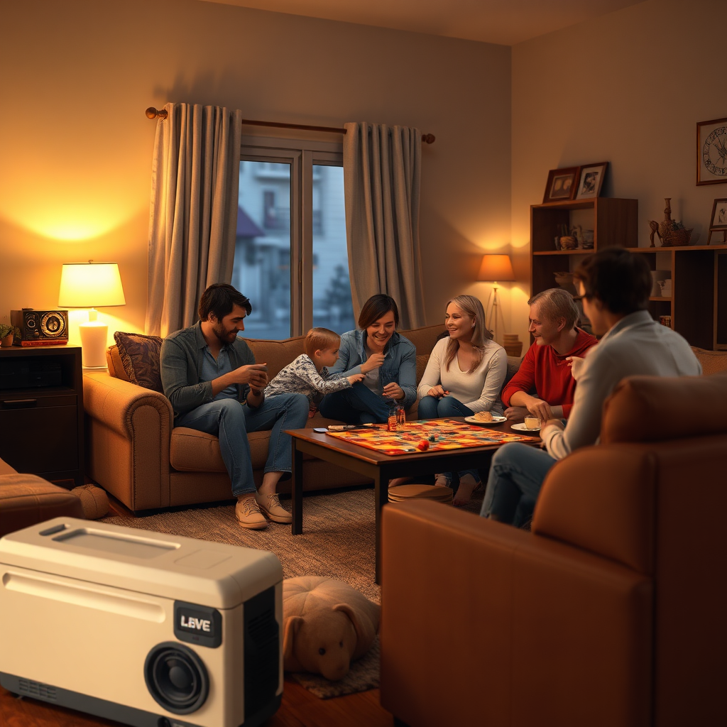 Create a heartwarming, photorealistic image of a family gathered comfortably in their living room during a power outage, thanks to their whole-house generator. The room is warmly lit, and the family is engaged in a board game. The scene conveys a sense of security and togetherness. Render in high resolution with soft, inviting lighting.