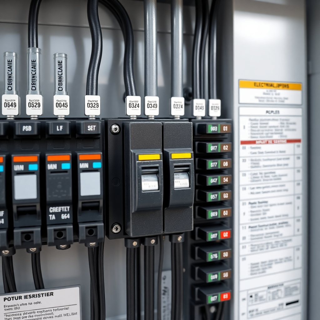 Create a photorealistic image of a modern electrical panel with various circuit breakers. The panel is well-organized and clearly labeled. One breaker is highlighted to emphasize its function. The lighting is bright and even. The color palette is mainly grays and blacks, with color-coded labels. Camera angle: medium shot, capturing the entire panel. Texture details: focus on the plastic housing of the breakers, the metallic contacts, and the overall build quality. Style reference: home improvement photography.