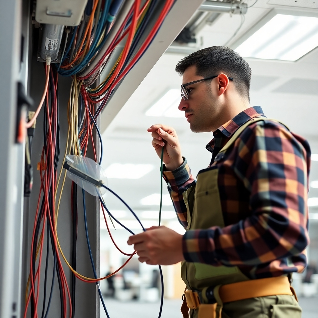 Create a photorealistic image of an electrician carefully installing new wiring in a commercial building. The wiring is neatly organized and properly labeled. The setting is a modern office space. Lighting: bright and functional, highlighting the precision of the work. Color palette: neutral tones with color-coded wires. Camera angle: medium shot, capturing the electrician's actions and the surrounding environment. Texture details: emphasize the texture of the wires, the metallic conduits, and the electrician's tools. Style reference: commercial construction photography.