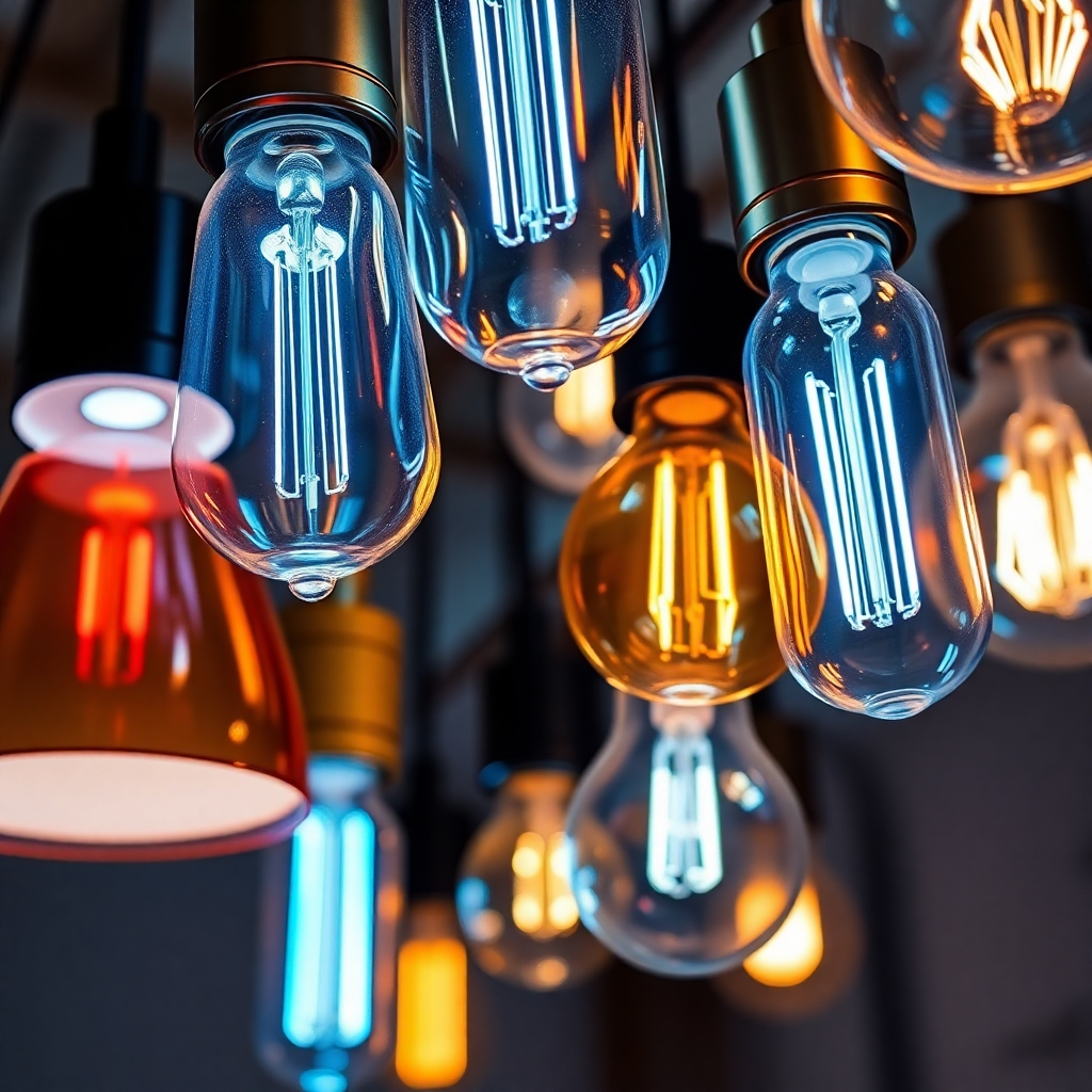 Create a photorealistic image showcasing a variety of light fixtures – LED, incandescent, halogen – arranged in a visually appealing composition. The lights are emitting different colors and intensities. The background is blurred to emphasize the fixtures. The color palette consists of warm and cool tones, highlighting the versatility of lighting options. Camera angle: eye-level shot, capturing the details of each fixture. Texture details: focus on the glass, the metal, and the overall design of the lights. Style reference: interior design photography.