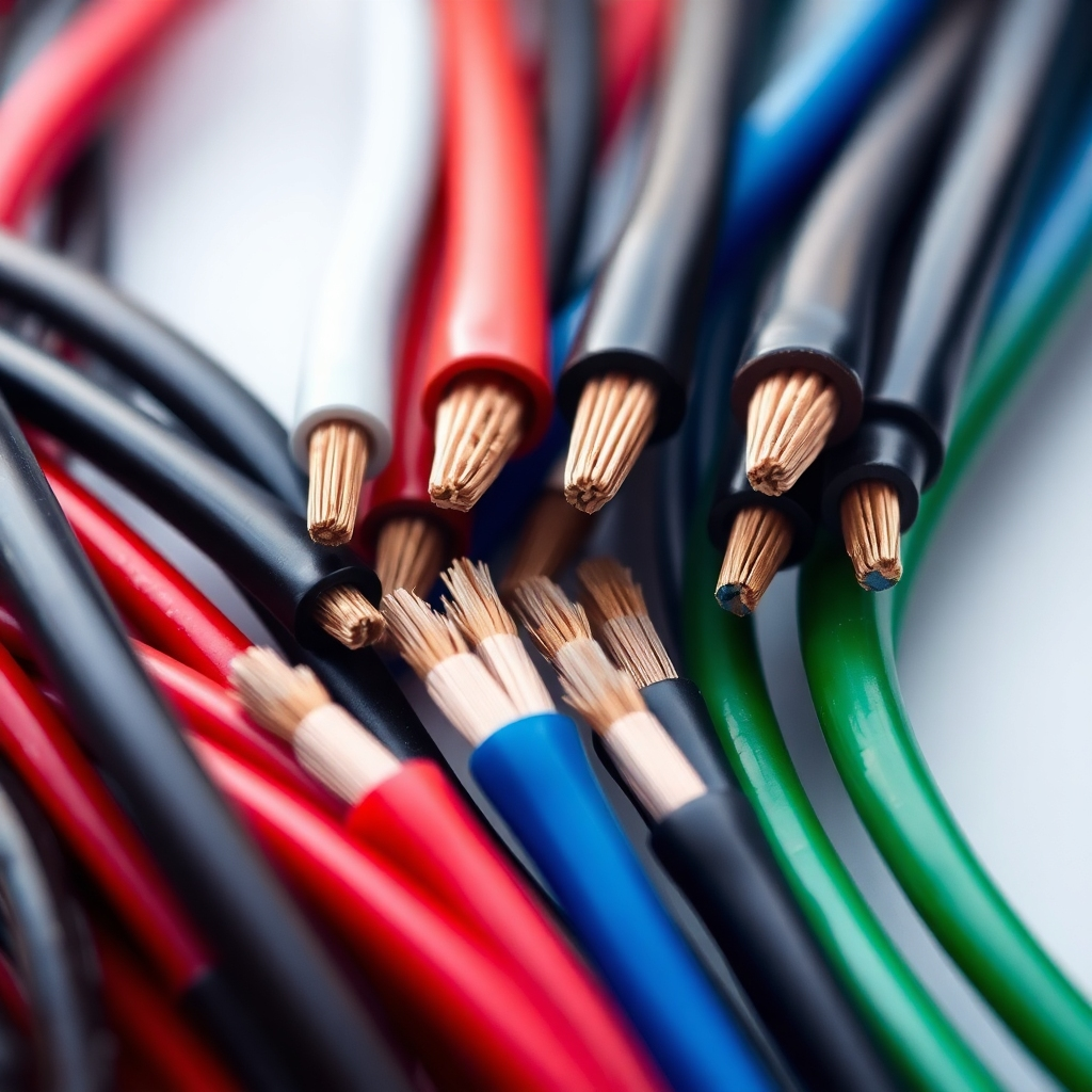 Create a photorealistic image showing a close-up of various types of electrical wires neatly arranged on a clean surface. The wires are color-coded according to industry standards. The lighting is soft and diffused to highlight the texture and colors of the wires. The color palette consists of reds, blacks, blues, whites and greens. Camera angle: macro shot, emphasizing the individual strands of each wire. Texture details: focus on the insulation, the copper strands, and the overall quality of the wires. Style reference: product photography for electrical components.