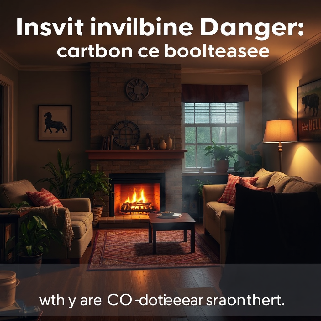 Create a photorealistic image illustrating the invisible danger of carbon monoxide. Depict a cozy living room with a fireplace, but with subtle visual cues hinting at a CO leak, such as slightly drooping plants or a faint haze. The lighting is warm but muted, creating a sense of unease. Emphasize the invisibility of the threat. This highlights why CO detectors are important.