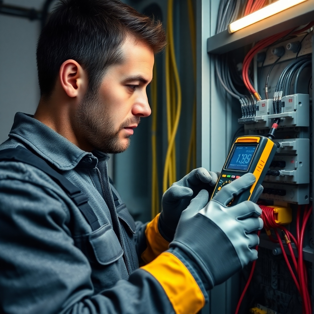 Create a photorealistic image of an electrician troubleshooting a residential electrical panel. The electrician is using a multimeter to test a circuit. The scene is well-lit, and the focus is on the electrician's focused expression and precise movements. The color palette consists of grays, blacks, and yellows, with a focus on safety. Camera angle: medium shot, capturing the electrician's upper body and the electrical panel. Texture details: focus on the texture of the wires, the metallic finish of the multimeter, and the electrician's work gloves. Style reference: professional electrician photography.