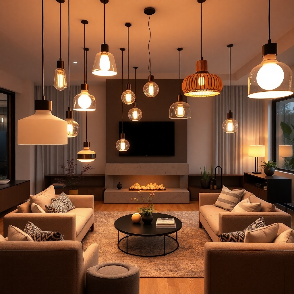 Create a photorealistic image showcasing a variety of light fixtures being installed in a modern home. The lights are emitting a warm and inviting glow. The setting is a stylish living room. Lighting: soft and diffused, creating a welcoming atmosphere. Color palette: warm tones with pops of color from the light fixtures. Camera angle: wide shot, capturing the entire living room. Texture details: emphasize the texture of the light fixtures, the comfortable furniture, and the overall ambiance of the room. Style reference: interior design photography.