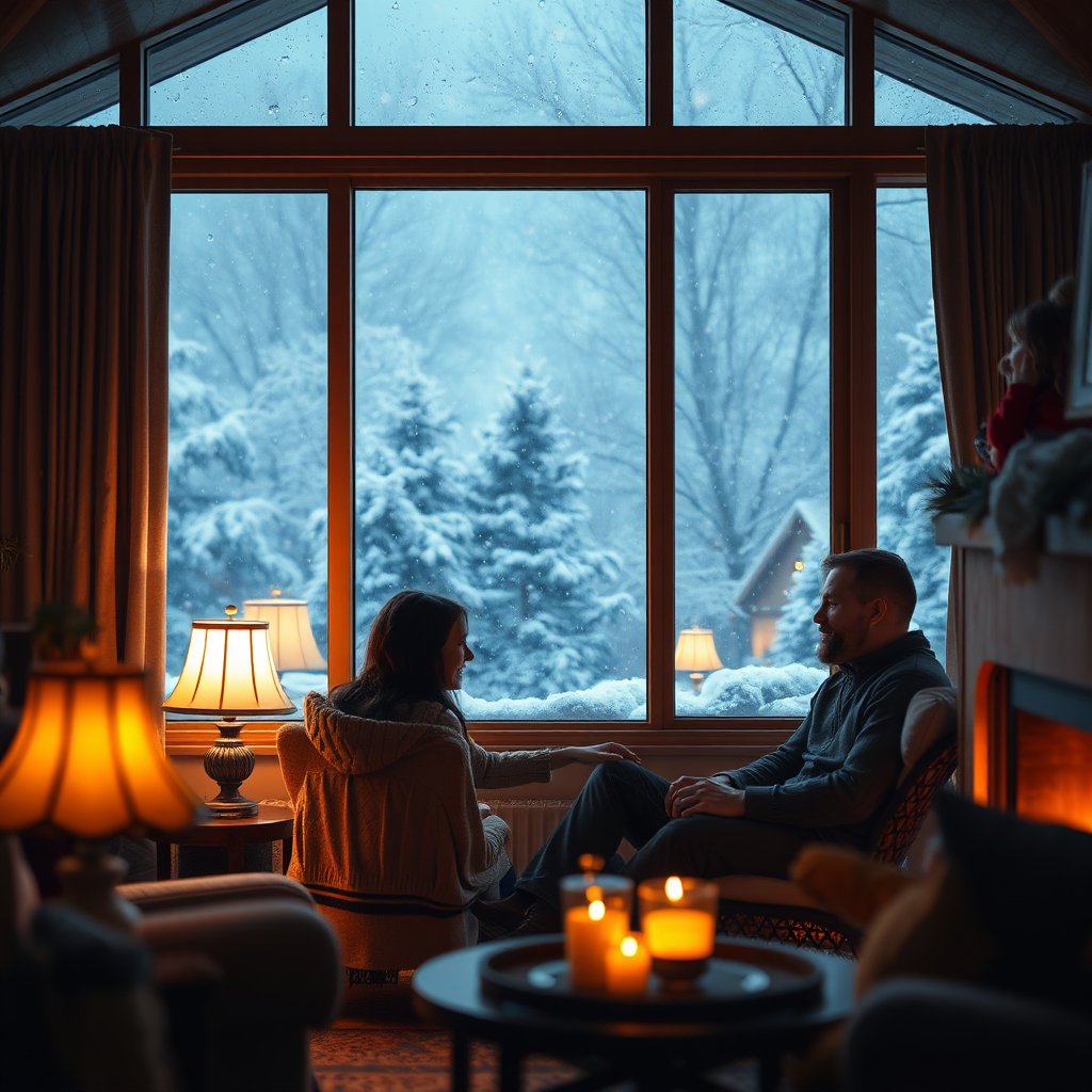 Create a photorealistic image of a family enjoying a cozy evening inside their well-lit home during a severe winter storm outside. The focus is on the warm, inviting atmosphere inside contrasting sharply with the raging storm visible through the windows. A subtle, almost invisible hum suggests the presence of a whole-house generator, seamlessly powering the home. The scene should convey comfort, security, and peace of mind, emphasizing the benefits of having reliable backup power. Capture the details of the interior – the soft glow of lamps, the crackling fireplace, and the relaxed expressions on the family's faces. Use a shallow depth of field to draw attention to the family while subtly hinting at the storm outside. Render in 8K resolution with hyperrealistic textures and lighting.