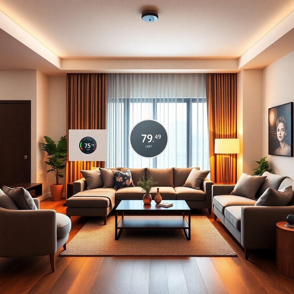 Create a photorealistic image depicting a modern living room with various smart home devices – smart lighting, a smart thermostat, and a smart speaker. The devices are seamlessly integrated into the decor. The lighting is warm and inviting. The color palette is contemporary and stylish. Camera angle: eye-level shot, capturing the entire living room. Texture details: focus on the smooth surfaces of the devices, the comfortable furniture, and the overall ambiance of the room. Style reference: interior design photography.